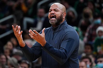Dec 22, 2021; Boston, Massachusetts, USA; Cleveland Cavaliers head coach John-Blair Bickerstaff reacts from the sideline as they take on the Boston Celtics in the second half at TD Garden. Mandatory Credit: David Butler II-USA TODAY Sports