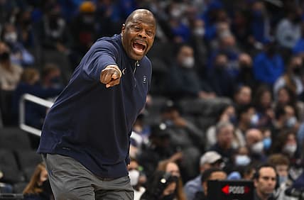 Feb 12, 2022; Washington, District of Columbia, USA; Georgetown Hoyas head coach Patrick Ewing gestures against the Creighton Bluejays during the second half at Capital One Arena. Mandatory Credit: Brad Mills-USA TODAY Sports
