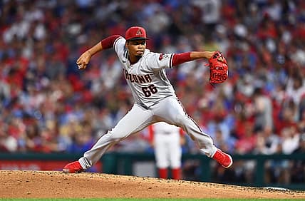 Jun 10, 2022; Philadelphia, Pennsylvania, USA; Arizona Diamondbacks pitcher Edwin Uceta (66) throws a pitch against the Philadelphia Phillies in the fourth inning  at Citizens Bank Park. Mandatory Credit: Kyle Ross-USA TODAY Sports