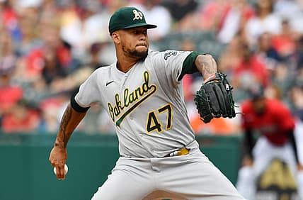 Jun 11, 2022; Cleveland, Ohio, USA; Oakland Athletics starting pitcher Frankie Montas (47) throws a pitch  during the first inning against the Cleveland Guardians at Progressive Field. Mandatory Credit: Ken Blaze-USA TODAY Sports