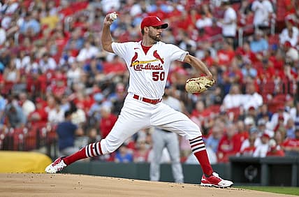 Aug 2, 2022; St. Louis, Missouri, USA;  St. Louis Cardinals starting pitcher Adam Wainwright (50) pitches against the Chicago Cubs during the first inning at Busch Stadium. Mandatory Credit: Jeff Curry-USA TODAY Sports