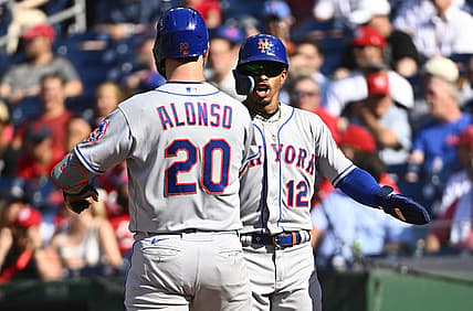 Aug 3, 2022; Washington, District of Columbia, USA; New York Mets first baseman Pete Alonso (20) is congratulated by shortstop Francisco Lindor (12) after hitting a two run home run during the third inning against the Washington Nationals at Nationals Park. Mandatory Credit: Brad Mills-USA TODAY Sports