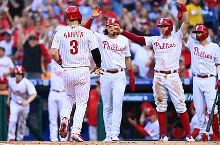 Aug 27, 2022; Philadelphia, Pennsylvania, USA; Philadelphia Phillies outfielder Bryce Harper (3) crosses the plate to score against the Pittsburgh Pirates in the first inning at Citizens Bank Park. Mandatory Credit: Kyle Ross-USA TODAY Sports