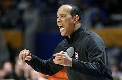Feb 12, 2022; Pittsburgh, Pennsylvania, USA;   North Carolina State Wolfpack head coach Kevin Keatts reacts on the sidelines against the Pittsburgh Panthers during the second half at the Petersen Events Center. Pittsburgh won 71-69. Mandatory Credit: Charles LeClaire-USA TODAY Sports