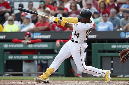 Jul 30, 2023; Pittsburgh, Pennsylvania, USA; Pittsburgh Pirates center fielder Josh Palacios (54) hits a game winning two run home run against the Philadelphia Phillies during the tenth inning at PNC Park. Mandatory Credit: Charles LeClaire-USA TODAY Sports