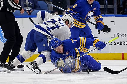 Oct 17, 2023; Buffalo, New York, USA;  Tampa Bay Lightning center Brayden Point (21) knocks down Buffalo Sabres right wing Tage Thompson (72) as he plays the puck during the second period at KeyBank Center. Mandatory Credit: Timothy T. Ludwig-USA TODAY Sports