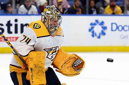 Dec 3, 2023; Buffalo, New York, USA;  Nashville Predators goaltender Juuse Saros (74) looks to make a save during the second period against the Buffalo Sabres at KeyBank Center. Mandatory Credit: Timothy T. Ludwig-USA TODAY Sports