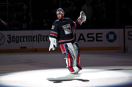 Dec 10, 2023; New York, New York, USA; New York Rangers goalie Jonathan Quick (32) is acknowledged as the first star of a 4-1 win against the Los Angeles Kings at Madison Square Garden. Mandatory Credit: Danny Wild-USA TODAY Sports