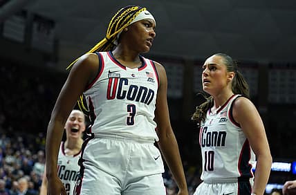 Feb 16, 2024; Storrs, Connecticut, USA; UConn Huskies forward Aaliyah Edwards (3) reacts after blocking a shot from the Georgetown Hoyas in the first half at Harry A. Gampel Pavilion. Mandatory Credit: David Butler II-USA TODAY Sports
