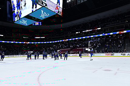 May 13, 2021; Denver, Colorado, USA; Members of the Colorado Avalanche celebrate defeating the Los Angeles Kings at Ball Arena. Mandatory Credit: Ron Chenoy-USA TODAY Sports