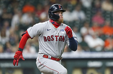 Jun 2, 2021; Houston, Texas, USA; Boston Red Sox left fielder Alex Verdugo (99) runs down the first base line against the Houston Astros in the third inning at Minute Maid Park. Mandatory Credit: Thomas Shea-USA TODAY Sports
