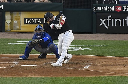 Jun 8, 2021; Chicago, Illinois, USA;  Chicago White Sox first baseman Andrew Vaughn (25) bats in the second inning against the Toronto Blue Jays at Guaranteed Rate Field. Mandatory Credit: Matt Marton-USA TODAY Sports
