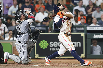 Jun 17, 2021; Houston, Texas, USA;  Houston Astros third baseman Abraham Toro (13) pops up a foul ball for an out with the bases loaded against the Chicago White Sox in the fifth inning at Minute Maid Park. Mandatory Credit: Thomas Shea-USA TODAY Sports