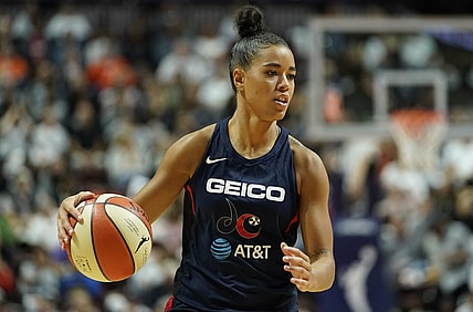 Oct 6, 2019; Uncasville, CT, USA; Washington Mystics guard Natasha Cloud (9) returns the ball up court against the Connecticut Sun during the second half in game three of the 2019 WNBA Finals at Mohegan Sun Arena. Washington defeated Connecticut 94-81. Mandatory Credit: David Butler II-USA TODAY Sports
