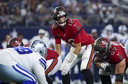 Sep 11, 2022; Arlington, Texas, USA;  Tampa Bay Buccaneers quarterback Tom Brady (12) in action during the game against the Dallas Cowboys at AT&T Stadium. Mandatory Credit: Kevin Jairaj-USA TODAY Sports