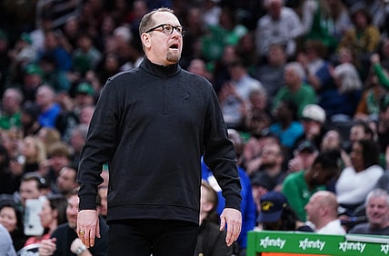 Apr 5, 2023; Boston, Massachusetts, USA; Toronto Raptors head coach Nick Nurse watches from the sideline as they take on the Boston Celtics at TD Garden. Mandatory Credit: David Butler II-USA TODAY Sports
