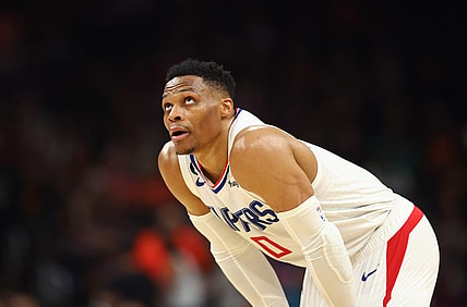 Apr 9, 2023; Phoenix, Arizona, USA; Los Angeles Clippers guard Russell Westbrook (0) against the Phoenix Suns at Footprint Center. Mandatory Credit: Mark J. Rebilas-USA TODAY Sports