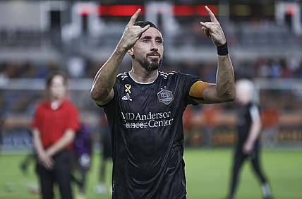 Sep 30, 2023; Houston, Texas, USA; Houston Dynamo FC midfielder Hector Herrera (16) reacts after the match against the FC Dallas at Shell Energy Stadium. Mandatory Credit: Troy Taormina-USA TODAY Sports