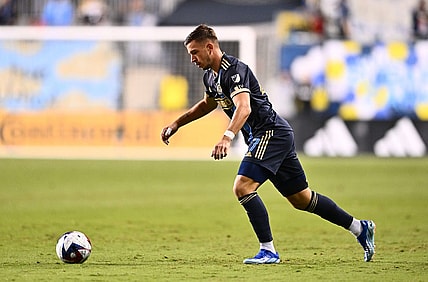 Oct 7, 2023; Philadelphia, Pennsylvania, USA; Philadelphia Union defender Kai Wagner (27) sets up a cross against Nashville SC in the first half at Subaru Park. Mandatory Credit: Kyle Ross-USA TODAY Sports