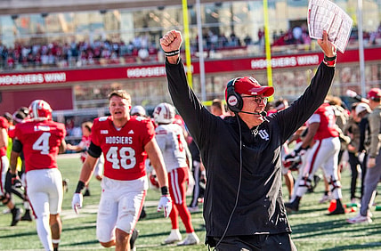 Nov 4, 2023; Bloomington, Indiana, USA; Indiana head coach Tom Allen celebrates after defeating Wisconsin at Memorial Stadium. Mandatory Credit: Rich Janzaruk-USA TODAY Sports