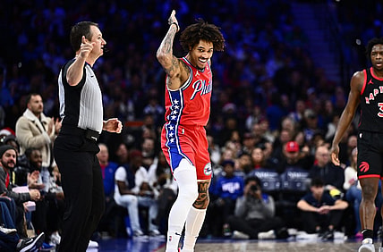 Dec 22, 2023; Philadelphia, Pennsylvania, USA; Philadelphia 76ers guard Kelly Oubre Jr (9) reacts against the Toronto Raptors in the second quarter at Wells Fargo Center. Mandatory Credit: Kyle Ross-USA TODAY Sports