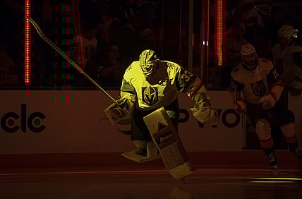Vegas Golden Knights goalie Adin Hill skates onto the ice before an NHL hockey game against the Vancouver Canucks in Vancouver, British Columbia, Sunday, April 6, 2025. (Darryl Dyck/The Canadian Press via AP)