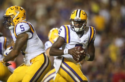Sep 10, 2016; Baton Rouge, LA, USA; LSU Tigers quarterback Brandon Harris (6) looks to pass the ball in the first quarter against the Jacksonville State Gamecocks at Tiger Stadium. Mandatory Credit: Crystal LoGiudice-USA TODAY Sports