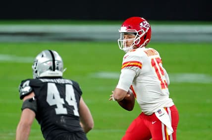 Nov 22, 2020; Paradise, Nevada, USA; Kansas City Chiefs quarterback Patrick Mahomes (15) is pressured by Las Vegas Raiders inside linebacker Nick Kwiatkoski (44) during the first half at Allegiant Stadium. Mandatory Credit: Kirby Lee-USA TODAY Sports