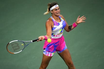 Sep 3, 2020; Flushing Meadows, New York, USA; Aryna Sabalenka of Belarus hits the ball against Victoria Azarenka of Belarus on day four of the 2020 U.S. Open tennis tournament at USTA Billie Jean King National Tennis Center. Mandatory Credit: Robert Deutsch-USA TODAY Sports