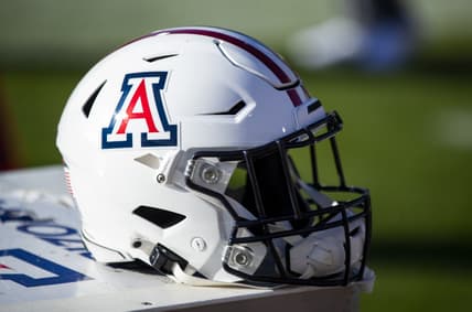 Nov 27, 2021; Tempe, Arizona, USA; Detailed view of an Arizona Wildcats helmet during the Territorial Cup at Sun Devil Stadium. Mandatory Credit: Mark J. Rebilas-USA TODAY Sports