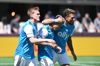 Apr 10, 2022; Charlotte, North Carolina, USA;  Charlotte FC midfielder Jordy Alcivar (8) celebrates after scoring a goal against Atlanta United FC with teammates at Bank of America Stadium. Mandatory Credit: Griffin Zetterberg-USA TODAY Sports