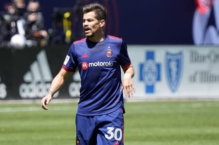 May 8, 2021; Chicago, Illinois, USA; Chicago Fire midfielder Gaston Gimenez (30) reacts against the Philadelphia Union during the first half at Soldier Field. Mandatory Credit: Mike Dinovo-USA TODAY Sports