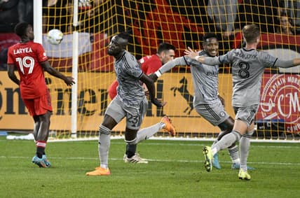 Sep 4, 2022; Toronto, Ontario, CAN; CF Montreal forward Kei Kamara (23) celebrates with team mates after scoring a goal against Toronto FC in the first half at BMO Field. Mandatory Credit: Dan Hamilton-USA TODAY Sports