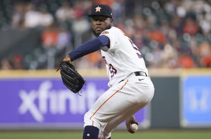 Sep 7, 2022; Houston, Texas, USA; Houston Astros starting pitcher Cristian Javier (53) delivers a pitch during the third inning against the Texas Rangers at Minute Maid Park. Mandatory Credit: Troy Taormina-USA TODAY Sports