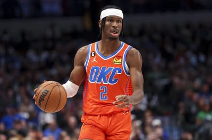 Oct 29, 2022; Dallas, Texas, USA;  Oklahoma City Thunder guard Shai Gilgeous-Alexander (2) dribbles during the game against the Dallas Mavericks at American Airlines Center. Mandatory Credit: Kevin Jairaj-USA TODAY Sports