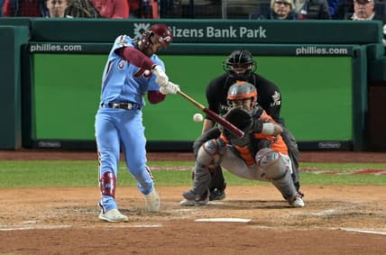 Nov 3, 2022; Philadelphia, Pennsylvania, USA; Philadelphia Phillies designated hitter Bryce Harper (3) hits a double against the Houston Astros during the fifth inning in game five of the 2022 World Series at Citizens Bank Park. Mandatory Credit: John Geliebter-USA TODAY Sports