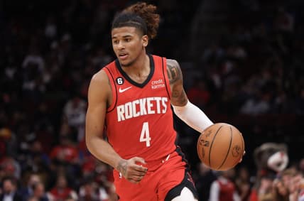 Jan 25, 2023; Houston, Texas, USA; Houston Rockets guard Jalen Green (4) dribbles against the Washington Wizards in the third quarter at Toyota Center. Mandatory Credit: Thomas Shea-USA TODAY Sports