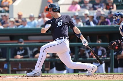 Mar 4, 2023; Lakeland, Florida, USA;  Detroit Tigers infielder Andre Lipcius (27) hits a RBI single during the second inning against the Toronto Blue Jays at Publix Field at Joker Marchant Stadium. Mandatory Credit: Kim Klement-USA TODAY Sports