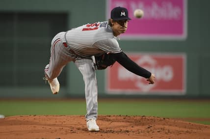 Apr 19, 2023; Boston, Massachusetts, USA;  Minnesota Twins starting pitcher Joe Ryan (41) pitches during the first inning against the Boston Red Sox at Fenway Park. Mandatory Credit: Bob DeChiara-USA TODAY Sports