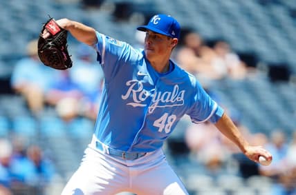 May 7, 2023; Kansas City, Missouri, USA; Kansas City Royals relief pitcher Ryan Yarbrough (48) pitches during the first inning against the Oakland Athletics at Kauffman Stadium. Mandatory Credit: Jay Biggerstaff-USA TODAY Sports