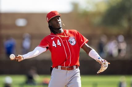 Feb 28, 2023; Phoenix, Arizona, USA; Cincinnati Reds shortstop Elly De La Cruz against the Los Angeles Dodgers during a spring training game at Camelback Ranch-Glendale. Mandatory Credit: Mark J. Rebilas-USA TODAY Sports