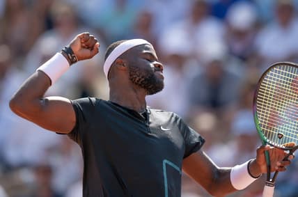 Jun 1, 2023; Paris,France; Frances Tiafoe (USA) reacts to a point during his match against Asian Karatsev on day five at Stade Roland-Garros. Mandatory Credit: Susan Mullane-USA TODAY Sports
