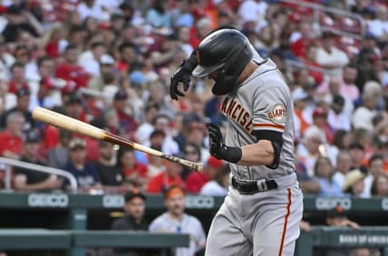Jun 13, 2023; St. Louis, Missouri, USA;  San Francisco Giants left fielder Mitch Haniger (17) reacts after he was hit by a pitch from St. Louis Cardinals starting pitcher Jack Flaherty (not pictured) during the third inning at Busch Stadium. Mandatory Credit: Jeff Curry-USA TODAY Sports
