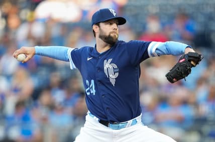 May 26, 2023; Kansas City, Missouri, USA; Kansas City Royals starting pitcher Jordan Lyles (24) pitches during the first inning against the Washington Nationals at Kauffman Stadium. Mandatory Credit: Jay Biggerstaff-USA TODAY Sports