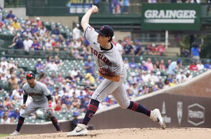 Jun 30, 2023; Chicago, Illinois, USA; Cleveland Guardians starting pitcher Cal Quantrill (47)  throws the ball against the Chicago Cubs during the first inning at Wrigley Field. Mandatory Credit: David Banks-USA TODAY Sports