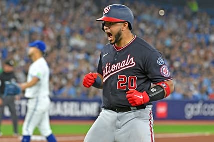 Aug 29, 2023; Toronto, Ontario, CAN;  Washington Nationals catcher Keibert Ruiz (20) reacts after hitting a three run home run in the fifth inning at Rogers Centre. Mandatory Credit: Dan Hamilton-USA TODAY Sports