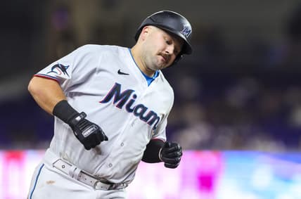 Sep 5, 2023; Miami, Florida, USA; Miami Marlins third baseman Jake Burger (36) circles the bases after hitting a home run against the Los Angeles Dodgers during the fourth inning at loanDepot Park. Mandatory Credit: Sam Navarro-USA TODAY Sports
