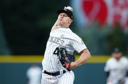 Sep 15, 2023; Denver, Colorado, USA; Colorado Rockies starting pitcher Chase Anderson (45) delivers a pitch in the first inning against the San Francisco Giants at Coors Field. Mandatory Credit: Ron Chenoy-USA TODAY Sports