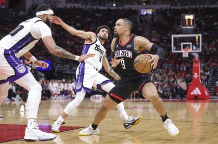Nov 4, 2023; Houston, Texas, USA; Houston Rockets forward Dillon Brooks (9) steps back to shoot the ball as Sacramento Kings center JaVale McGee (00) defends during the second quarter at Toyota Center. Mandatory Credit: Troy Taormina-USA TODAY Sports