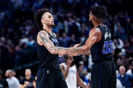Nov 10, 2023; Dallas, Texas, USA;  Dallas Mavericks forward Derrick Jones Jr. (55) celebrates with Dallas Mavericks center Dereck Lively II (2) during the second half against the LA Clippers at American Airlines Center. Mandatory Credit: Kevin Jairaj-USA TODAY Sports